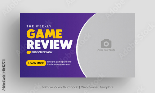 Video game review video thumbnail and web banner template. Editable video cover photo design for social media