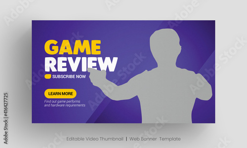 Video game review video thumbnail and web banner template. Editable video cover photo design for social media