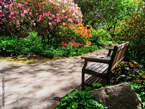 Springtime blooms with walkways and benches in public Finnerty Gardens in Victoria BC © pr2is