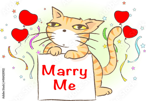 vector cartoon cat with card: marry me