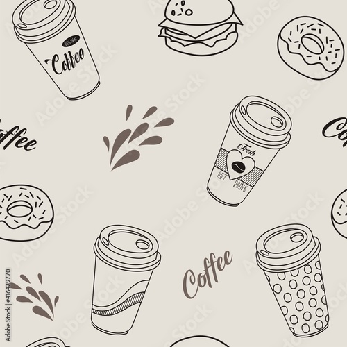 Seamless pattern with hand drawn doodle cups of coffee