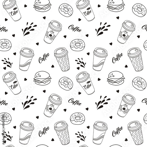 Seamless pattern with hand drawn doodle cups of coffee