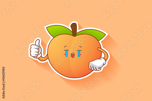 CRYING, SAD, SOB, CRY Face Emotion. Thumb Up Finger Hand Gesture. Peach Fruit Cartoon Drawing Mascot Illustration.