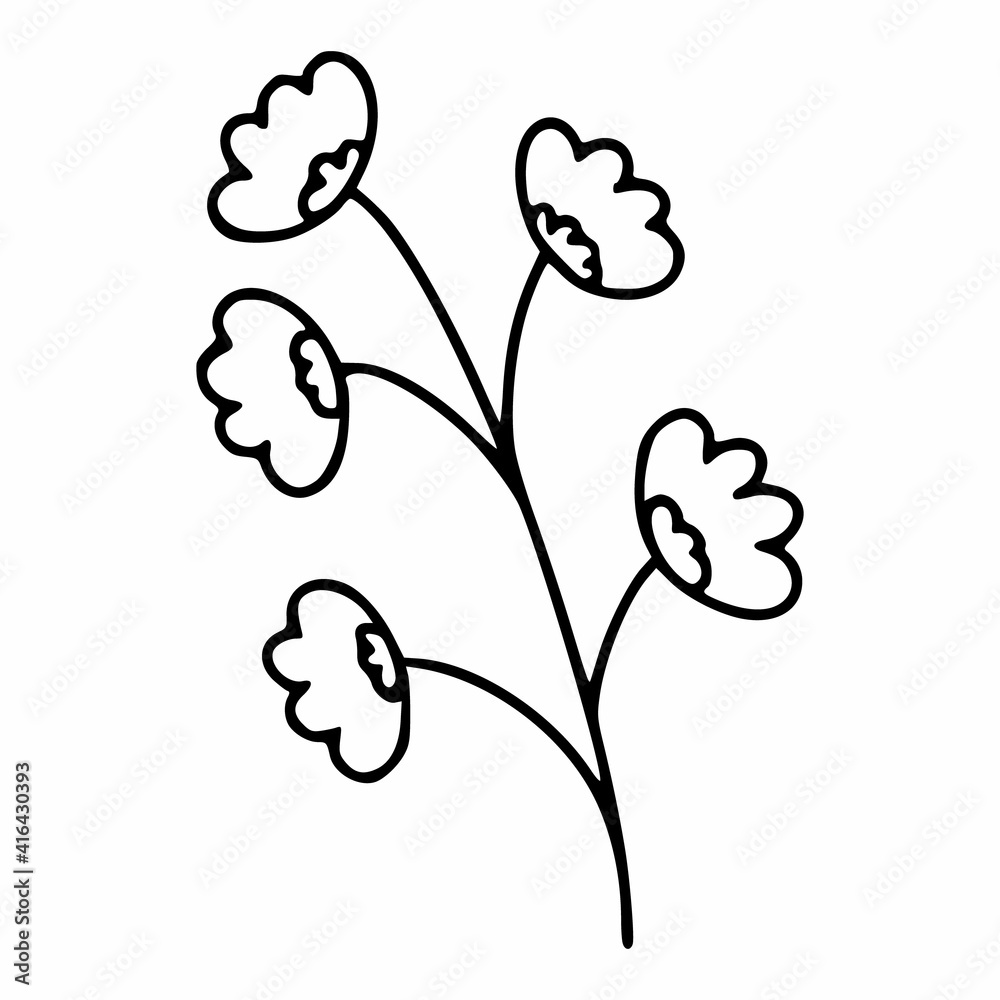 A sprig of wildflowers in the doodle style. Spring illustration by hand. Vector element for the design of a postcard.