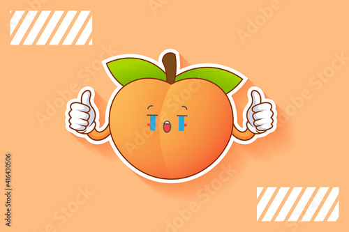 CRYING, SAD, SOB, CRY Face Emotion. Double Thumb Up Finger Hand Gesture. Peach Fruit Cartoon Drawing Mascot Illustration.