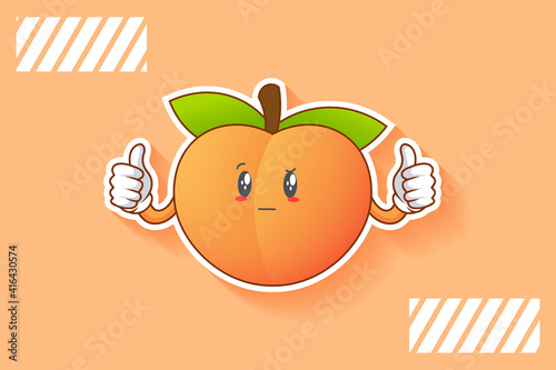 REALLY, ATTENTIVE, CURIOS Face Emotion. Double Thumb Up Finger Hand Gesture. Peach Fruit Cartoon Drawing Mascot Illustration.