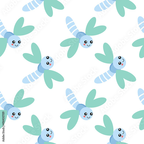 Seamless background for sewing children's clothing with a dragonfly. Cute dragonfly on a white background.