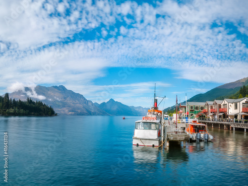 A glorious morning in the central harbour in Queenstown on the shore of Lake Wakatipu, Southern Island, New Zealand.