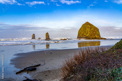  wet sand beach and Haystack Rock and the Needles in the background, Canon Beach, Oregon