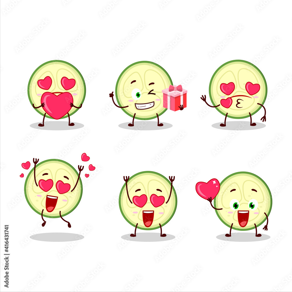 Slice of zucchini cartoon character with love cute emoticon