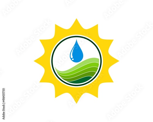 Shinning sun with water drop in the farm