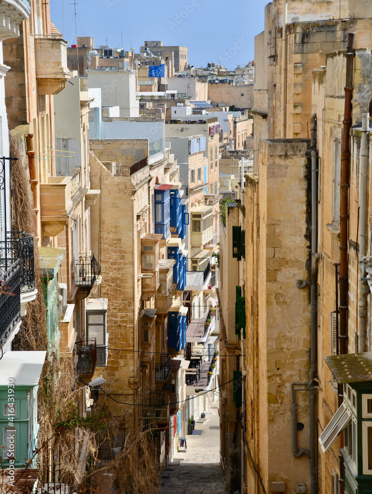 The beautiful architecture of the narrow streets of Valletta Malta