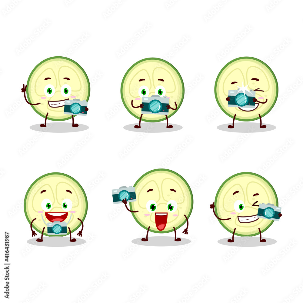 Photographer profession emoticon with slice of zucchini cartoon character Photographer profession emoticon with slice of zucchini cartoon character