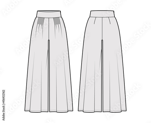 Pants gaucho technical fashion illustration with low waist, rise, pleated, ankle cropped length, seam pockets. Flat trousers bottom apparel template back, grey color. Women, men, unisex CAD mockup