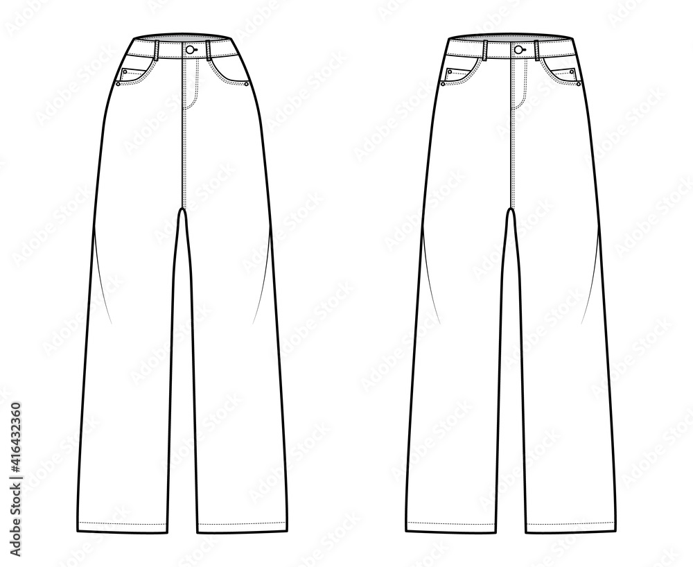 Set of Baggy Jeans Denim pants technical fashion illustration with full ...