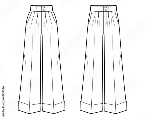 Set of Pants oxford tailored technical fashion illustration with normal low waist, high rise, single double pleat. Flat trousers apparel template front, white color. Women men unisex CAD mockup