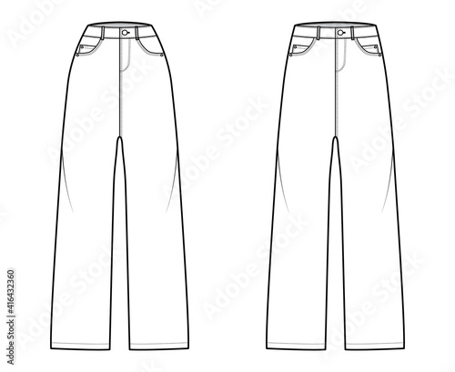 Set of Baggy Jeans Denim pants technical fashion illustration with full length, normal low waist, high rise, 5 pockets, belt loops. Flat bottom template front, white color style. Women, men unisex CAD