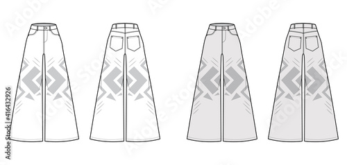 Phat Pants Denim Jeans technical fashion illustration with full length, normal waist, rise, 5 pockets, wide legs. Flat bottom template front back white, grey color style. Women men unisex CAD mockup