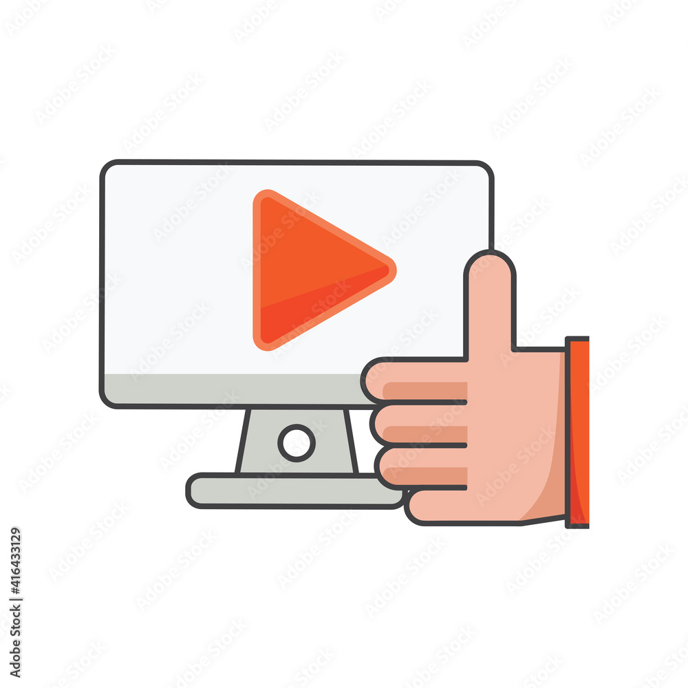 thumbs up on computer with play icon. mobile entertainment illustration. Flat vector icon. can use for, icon design element,ui, web, mobile app. thumbs up on computer with play icon. mobile entertainment illustration. Flat vector icon. can use for, icon design element,ui, web, mobile app.
