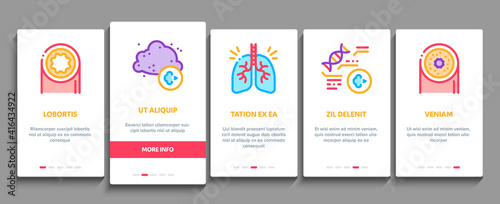 Asthma Sick Allergen Onboarding Mobile App Page Screen Vector. Asthma Allergy On Animal And Smoke, Flowers, Factory Smog And Dust, Medical Tool And Lungs Illustrations