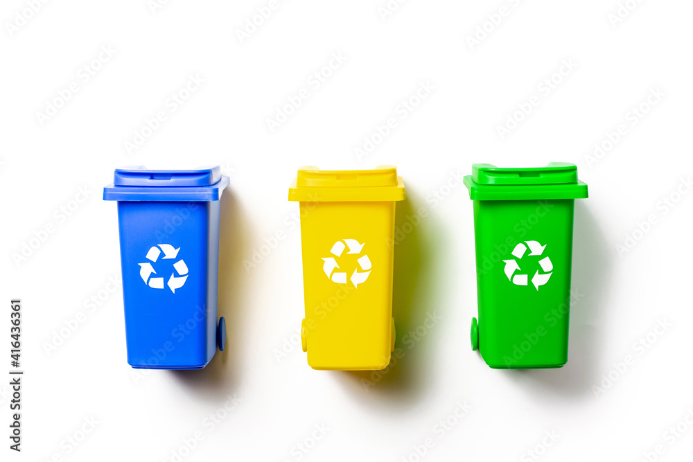 Trash bin. Yellow, green, blue dustbin for recycle plastic, paper and glass can trash isolated on white background. Container for disposal garbage waste and save environment. Trash bin. Yellow, green, blue dustbin for recycle plastic, paper and glass can trash isolated on white background. Container for disposal garbage waste and save environment.