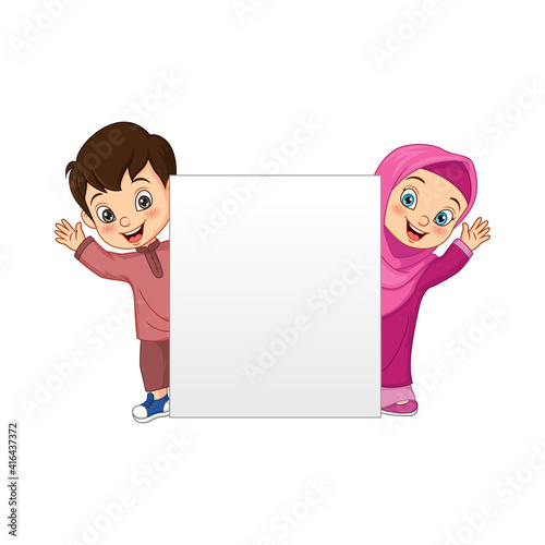Happy Muslim kid cartoon with blank sign
