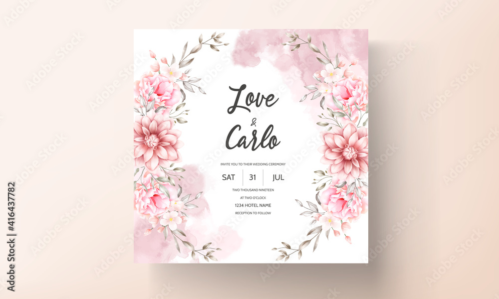 Beautiful soft peach and brown floral watercolor wedding card