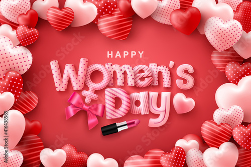 Happy Women's Day Poster or banner with cute font on red and sweet hearts background.Promotion and shopping template or background for Women' Day and Love concept