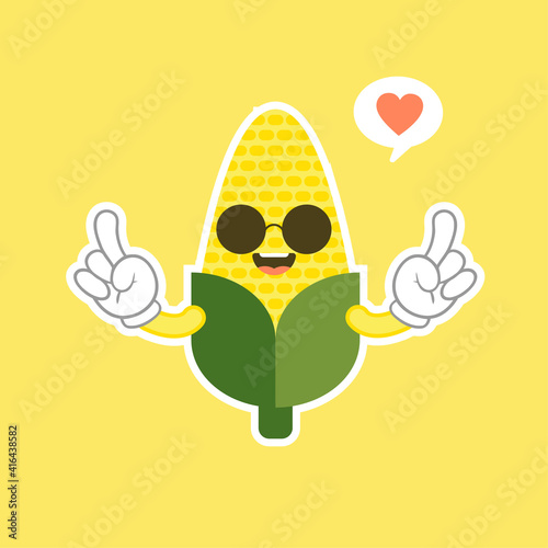 Very adorable corn character. Cute funny corn in cartoon kawai style. Vector isolate on color background