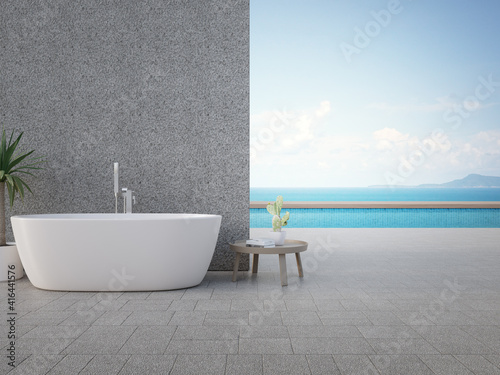 Gray concrete wall with outdoor shower and bathtub. 3d rendering of sea view swimming pool in luxury hotel.