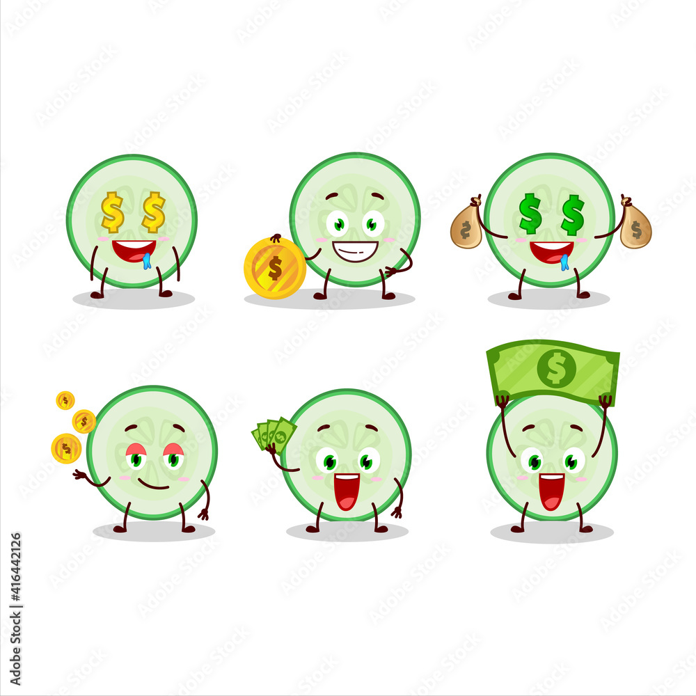 Slice of cucumber cartoon character with cute emoticon bring money Slice of cucumber cartoon character with cute emoticon bring money