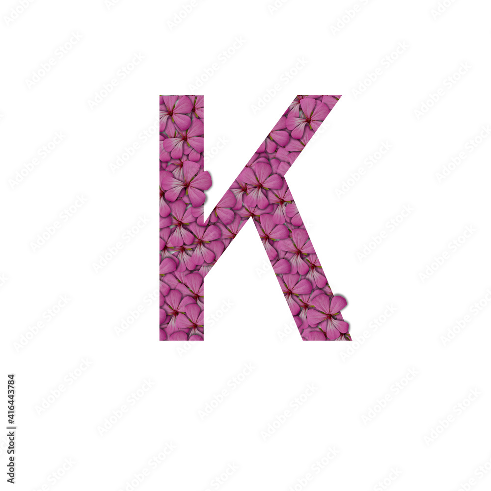 Letter K of the alphabet with photography of pink flowers. Letter K made from flowers isolated on white Photo. Alphabet symbols with flowers texture pattern Letter K of the alphabet with photography of pink flowers. Letter K made from flowers isolated on white Photo. Alphabet symbols with flowers texture pattern