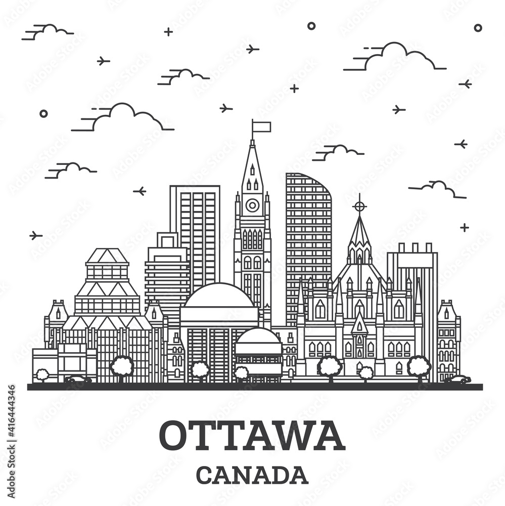 Outline Ottawa Canada City Skyline with Modern Buildings Isolated on White.