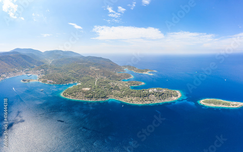 Fototapeta Naklejka Na Ścianę i Meble -  Aerial drone high angle shot of peninsula of Vis Island coastline in Adriatic sea in Croatia summer