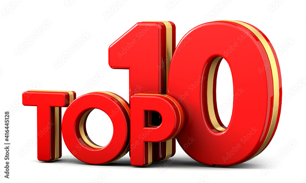 Top ten. 3d Top 10 red and golden text isolated on white background. 3d illustration.