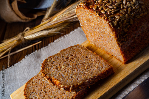 Moist wholemeal bread, crushed or ground whole grain photo