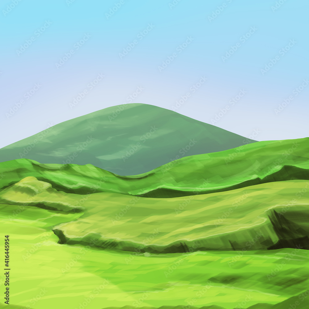 Landscape background cartoon style art illustration. Big Wallpaper grass field poster game card design.