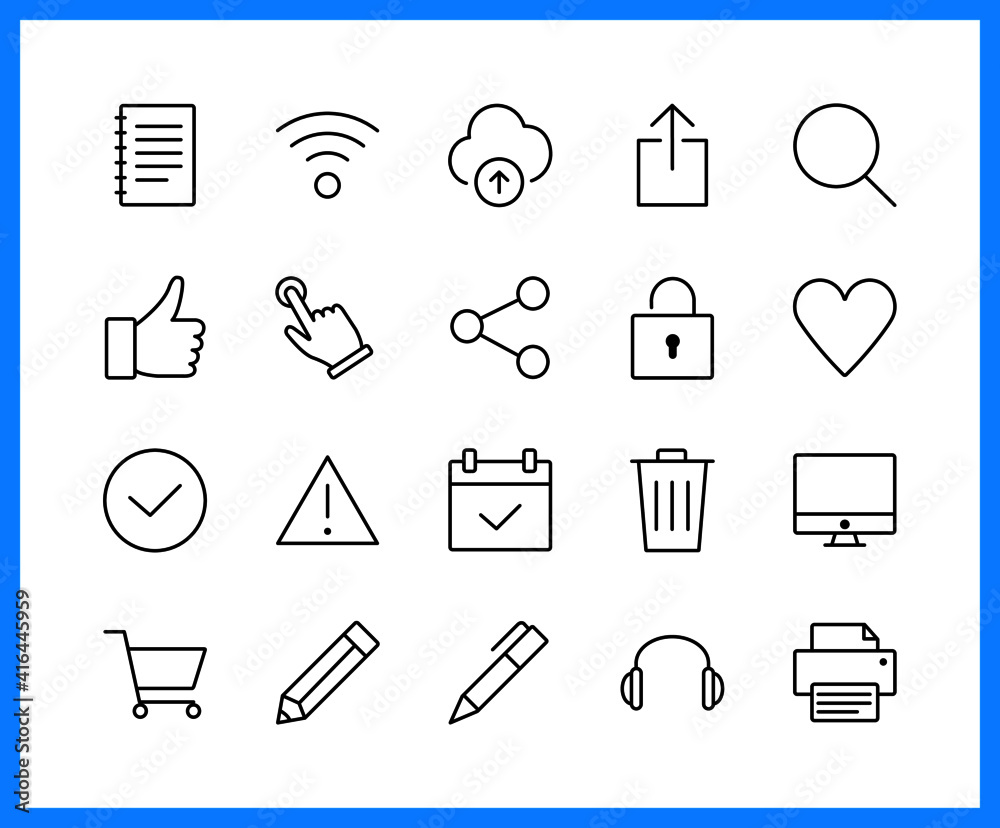 Collection of UI UX linear icons and color icons. printer, moniter, internet, share , technology. Set of share, computer symbols drawn with thin contour lines. Vector illustration. Collection of UI UX linear icons and color icons. printer, moniter, internet, share , technology. Set of share, computer symbols drawn with thin contour lines. Vector illustration.