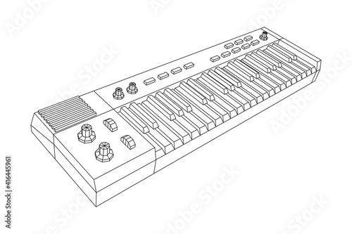Piano roll analog synthesizer faders buttons knobs. Wireframe low poly mesh vector illustration.