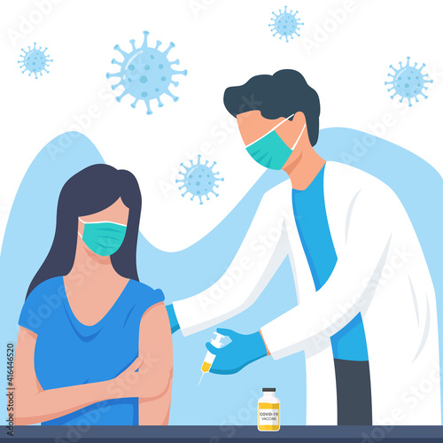 Flat design doctor injecting vaccine to a patient