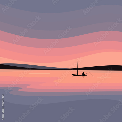 Sunset on the river and a fisherman in a. boat fishing. Vector illustration.