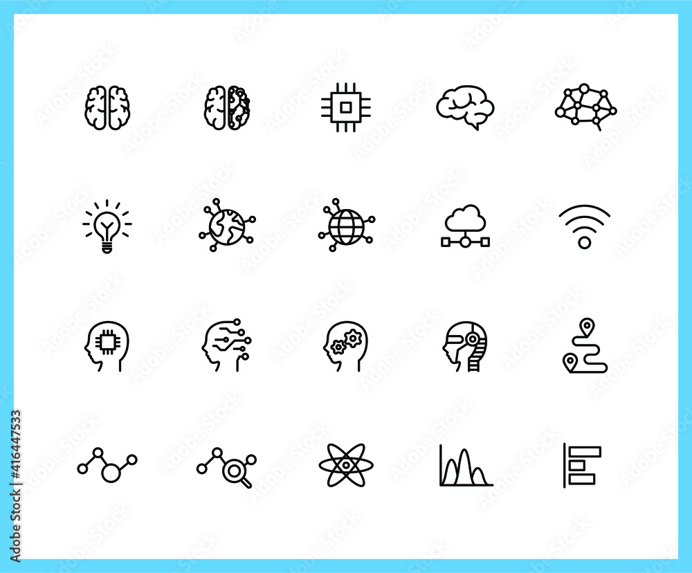 Big Data and AI linear icons. Machine, Brain, Neuron, Connecting. Set of Connecting network symbols drawn with thin contour lines. Vector illustration.