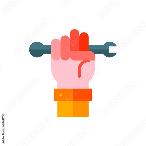 Wrench, Raised Hand Flat Icon Logo Illustration Vector Isolated. Labour Day, May Day, Industry, And Construction Icon-Set. Suitable for Web Design, Logo, App, and Upscale Your Business.