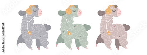 Set of cute curly llamas in headphones with a music player in a different colors. Vector illustration for coloring pages, children prints and publications