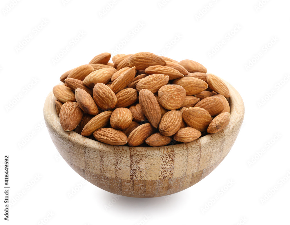 Bowl with healthy almonds on white background Bowl with healthy almonds on white background