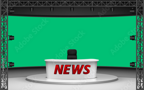 white table with spotlight on the truss system with the green background in the news studio