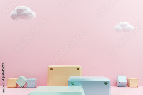Minimal scene yellow, green ,blue block and white cloud on pink background. Geometric shape.3D rendering.Use For Product Showcase.pastel color Tone.Cute color.