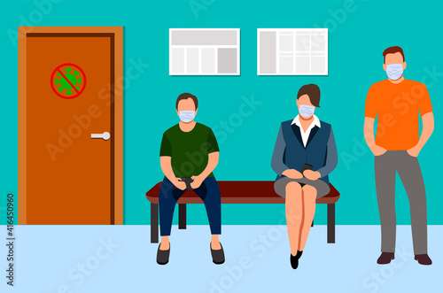 Vaccination of people against various diseases, including the coronavirus NCOV 19. A queue of people in medical masks. Men and a woman in the clinic. Vector illustration