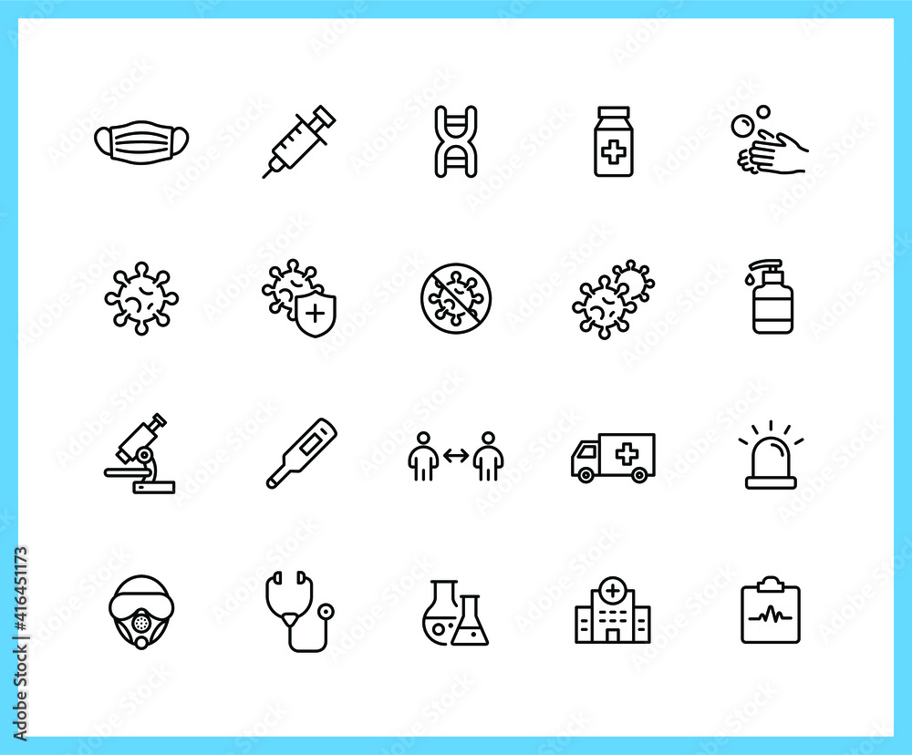 Covid-19, Virus and remedial treatment linear icons and color icons. Injection, Mask, Medicine. Set of Hospital, Research symbols drawn with thin contour lines. Vector illustration.