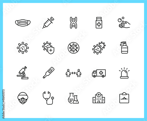 Covid-19, Virus and remedial treatment linear icons and color icons. Injection, Mask, Medicine. Set of Hospital, Research symbols drawn with thin contour lines. Vector illustration.